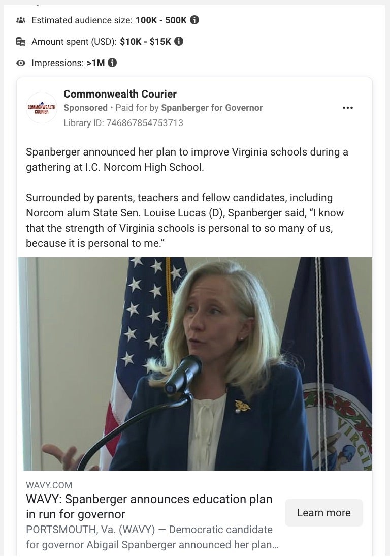 Virginia Democrat Campaign Sets Up Facebook Page Appearing to Be Independent News Outlet