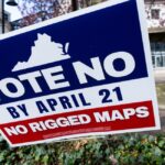 A sign urges early voters to vote no on the Virginia redistricting referendum.