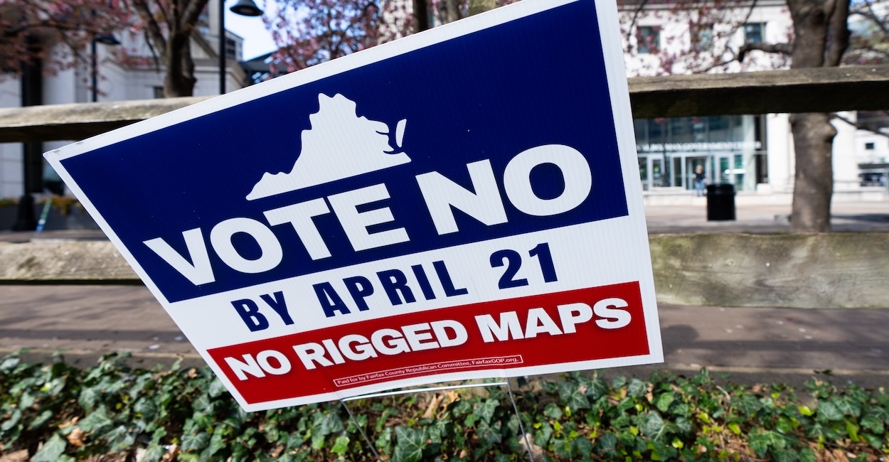 A sign urges early voters to vote no on the Virginia redistricting referendum.