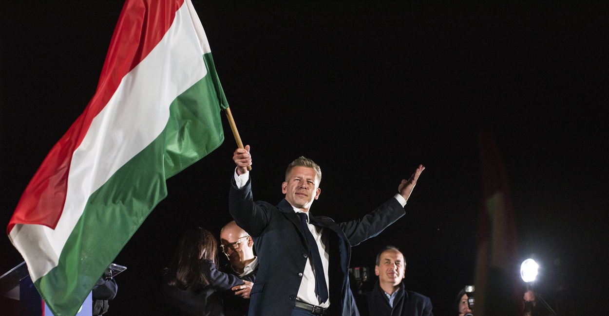 Peter Magyar waving the Hungarian flag