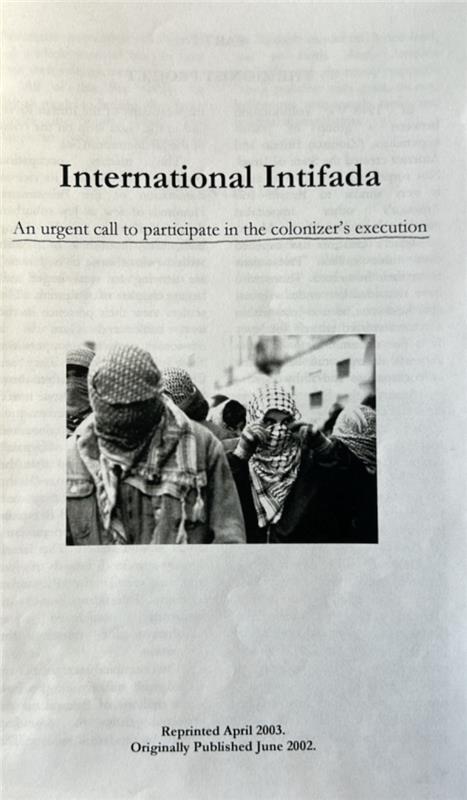 Front of "International Intifada" pamphlet with subtitle "An urgent call to participate in the colonizers' execution."