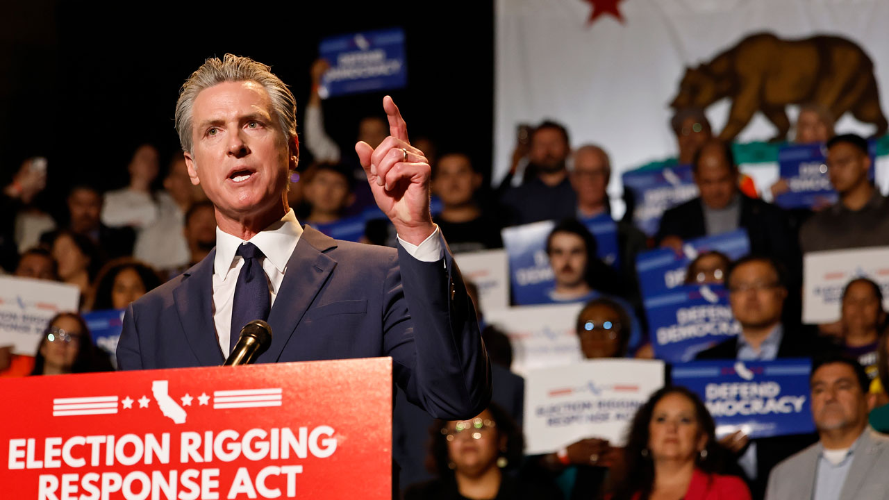California Gov. Gavin Newsom speaks about the Election Rigging Response Act at a press conference at the Democracy Center at the Japanese American National Museum on Aug. 14, 2025, in Los Angeles.