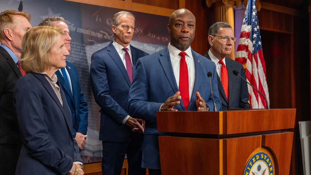 Sen. Tim Scott speaks at a press conference in March on the SAVE America Act.