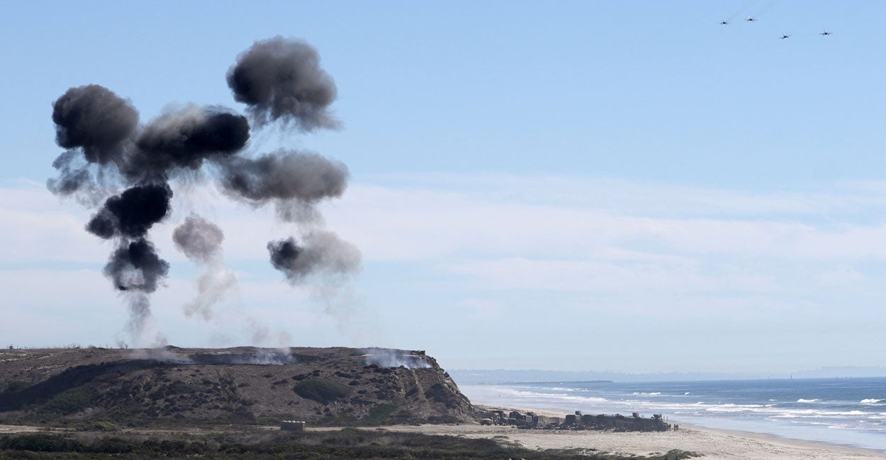 Marines perform an amphibious capabilities demonstration as US Vice President JD Vance and US Second Lady Usha Vance visit, on Red Beach at Camp Pendleton, California, on October 18, 2025 as part of the Marine Corps' 250th anniversary celebrations.