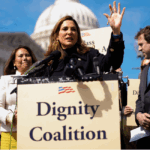 WASHINGTON, DC - MARCH 25: Rep. Maria Elvira Salazar (R-FL) (C), accompanied by Rep. Veronica Escobar (D-TX) (C-L), speaks at a Dignity Coalition news conference on Capitol Hill on March 25, 2026 in Washington, DC. The Dignity Coalition is a bipartisan group that has formed to support the "Dignity for Immigrants while Guarding our Nation to Ignite and Deliver the American Dream Act of 2025" (the DIGNIDAD Act or Dignity Act, H.R. 4393), which they argue is a solution to fix the immigration system in the United States. (Photo by Andrew Harnik/Getty Images)