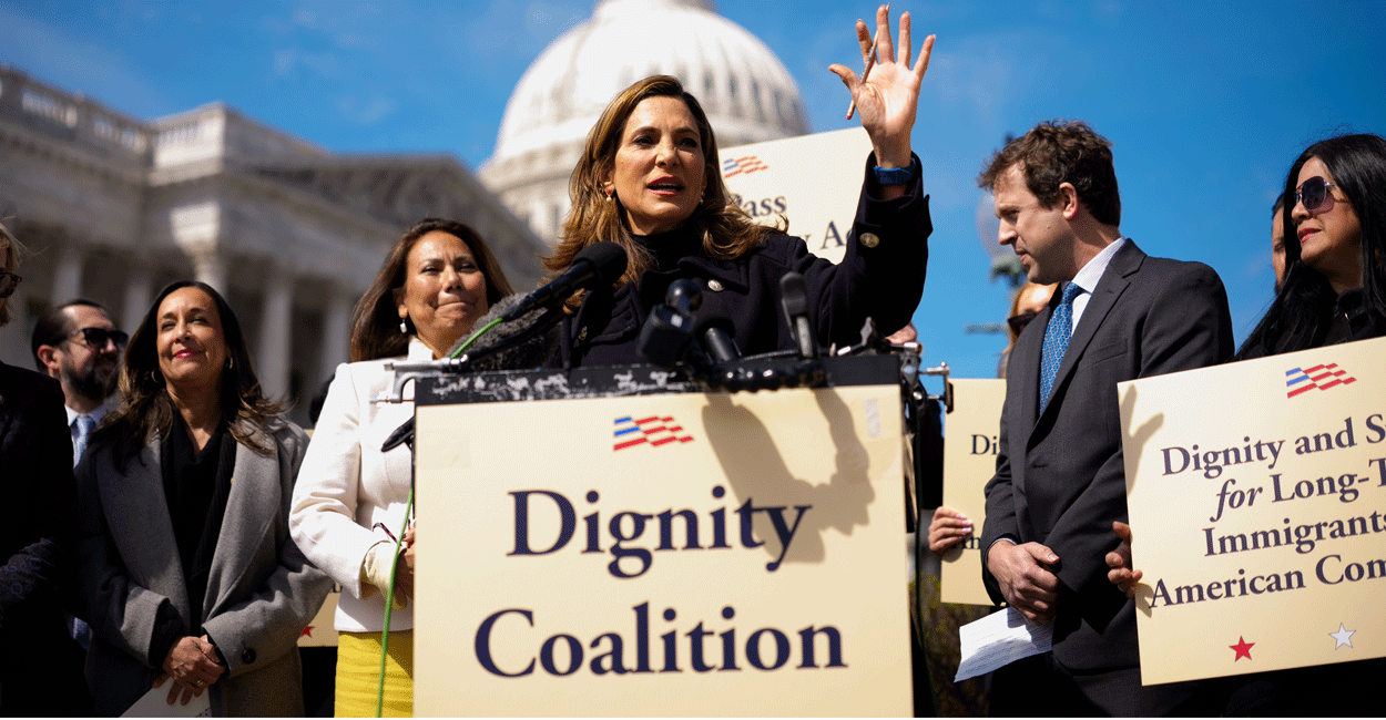 WASHINGTON, DC - MARCH 25: Rep. Maria Elvira Salazar (R-FL) (C), accompanied by Rep. Veronica Escobar (D-TX) (C-L), speaks at a Dignity Coalition news conference on Capitol Hill on March 25, 2026 in Washington, DC. The Dignity Coalition is a bipartisan group that has formed to support the "Dignity for Immigrants while Guarding our Nation to Ignite and Deliver the American Dream Act of 2025" (the DIGNIDAD Act or Dignity Act, H.R. 4393), which they argue is a solution to fix the immigration system in the United States. (Photo by Andrew Harnik/Getty Images)