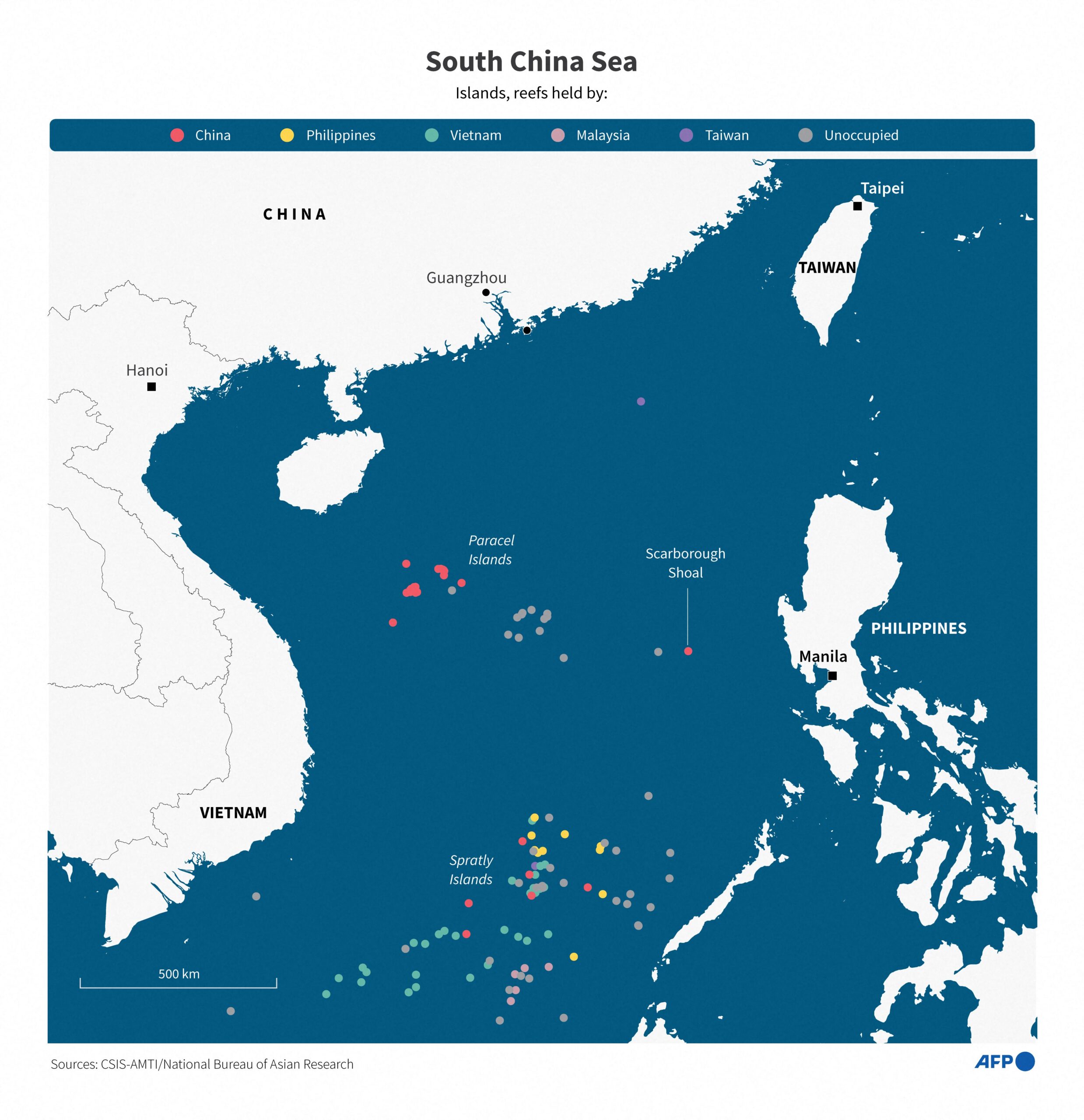 Map of the South China Sea pointing the location of the Scarborough Shoals.