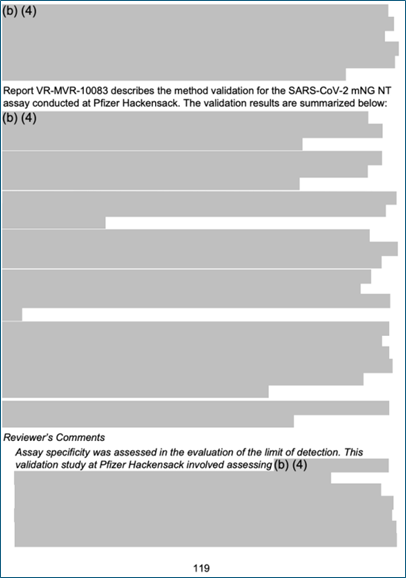 Page from heavily redacted FDA report.